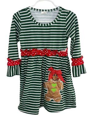 Baby Girls Size 3T Gingerbread Christmas Dress Green Stripe Holiday